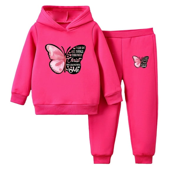 TSSOE Kids Girl Tracksuit Sweatsuits Set Fleece Butterfly Print Sweatshirt Long Sleeve Hoodie with Hot Pink 110