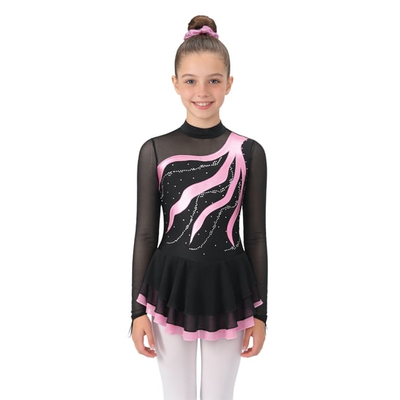 TSSOE Kids Girl's Ballet Dance Leotard Dress Gymnastics Bodysuit Shiny Rhinestone Lyrical Dance Outfit with Hair Band Pink 16