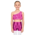thumbnail image 1 of TSSOE Kids Girls 2-Piece Dance Outfits Hip Hop Jazz Cheer Dance Suits Shiny One Shoulder Crop Top and Booty Short Set Hot Pink 6, 1 of 5