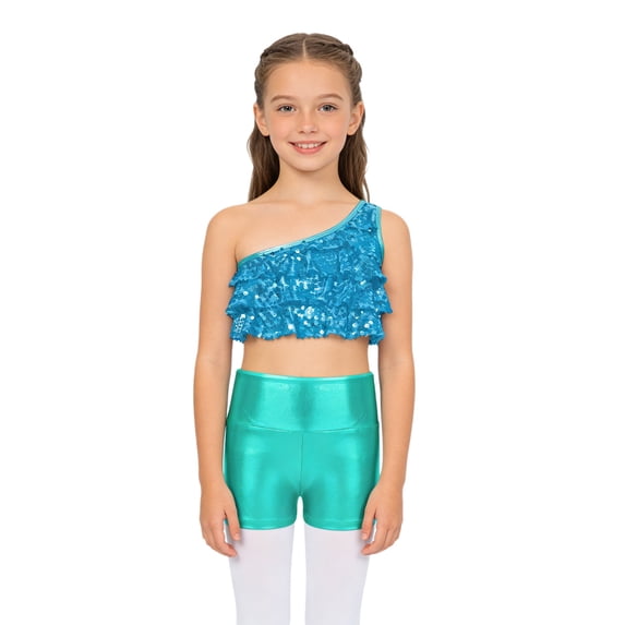 TSSOE Kids Girls 2-Piece Dance Outfits Hip Hop Jazz Cheer Dance Suits Shiny One Shoulder Crop Top and Booty Short Set Light Blue 4