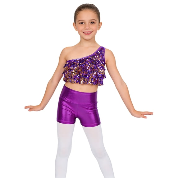 TSSOE Kids Girls 2-Piece Dance Outfits Hip Hop Jazz Cheer Dance Suits Shiny One Shoulder Crop Top and Booty Short Set Purple 6