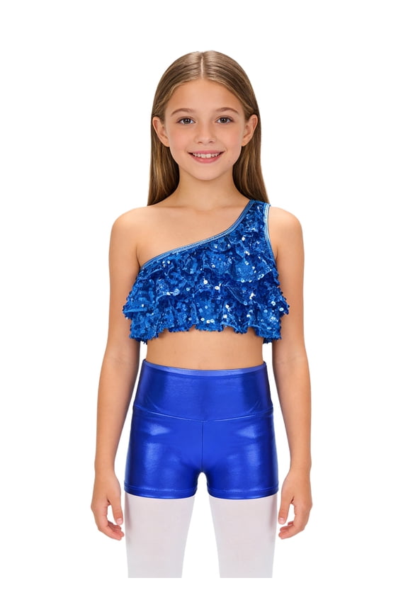 Kids Girls 2-Piece Dance Outfits Hip Hop Jazz Cheer Dance Suits Shiny One Shoulder Crop Top and Booty Short Set Royal Blue 10