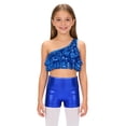 thumbnail image 1 of TSSOE Kids Girls 2-Piece Dance Outfits Hip Hop Jazz Cheer Dance Suits Shiny One Shoulder Crop Top and Booty Short Set Royal Blue 4, 1 of 5