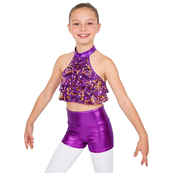 TSSOE Kids Girls 2-Piece Dance Outfits Sparkly Halter Sequins Crop Top with Metallic Shorts Set Activewear Purple 8