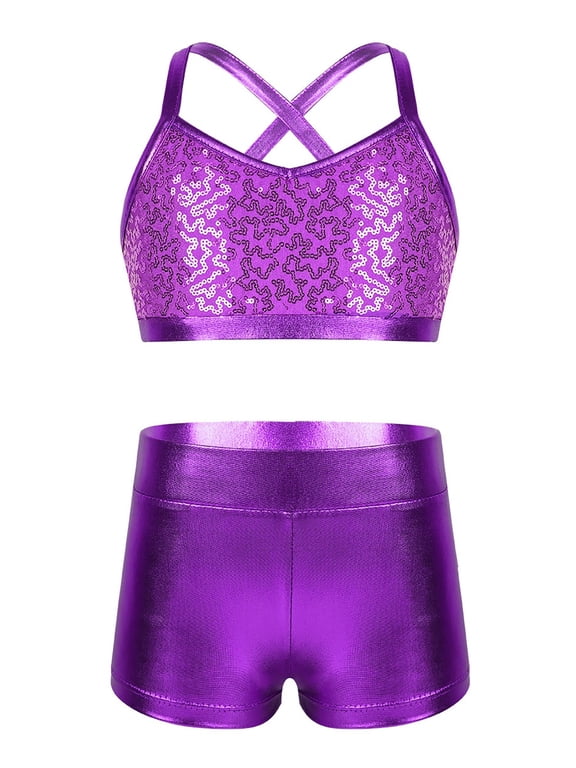 Kids Girls 2-Piece Gymnastic Leotard Sequins Crop Top Booty Shorts Ballet Dance Tankini Sets Purple 8