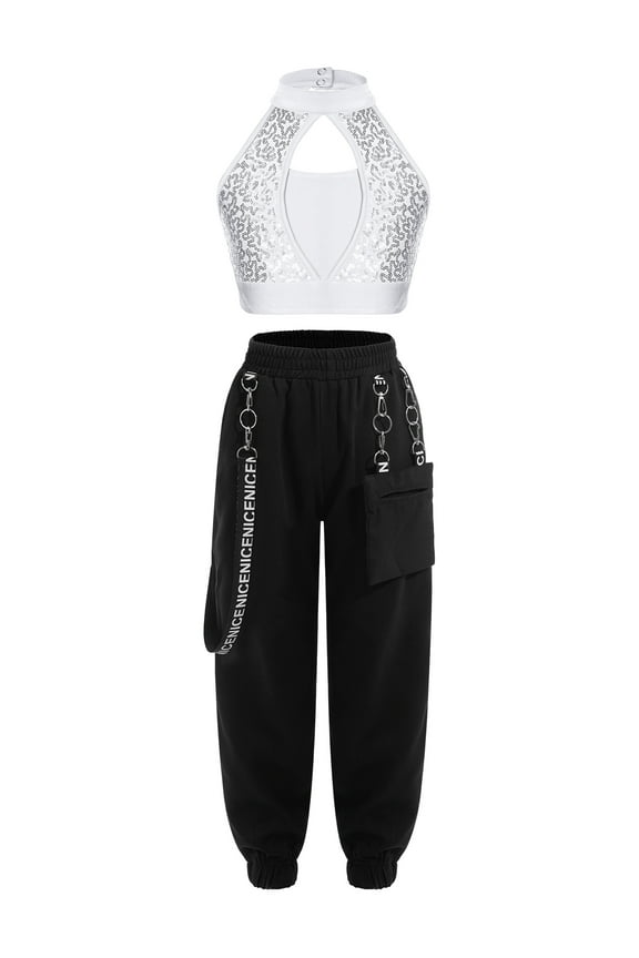 Kids Girls 2 Piece Hip Hop Dance Outfit Sleeveless Sequins Crop Top with Chains Jogger Pants Set White 8