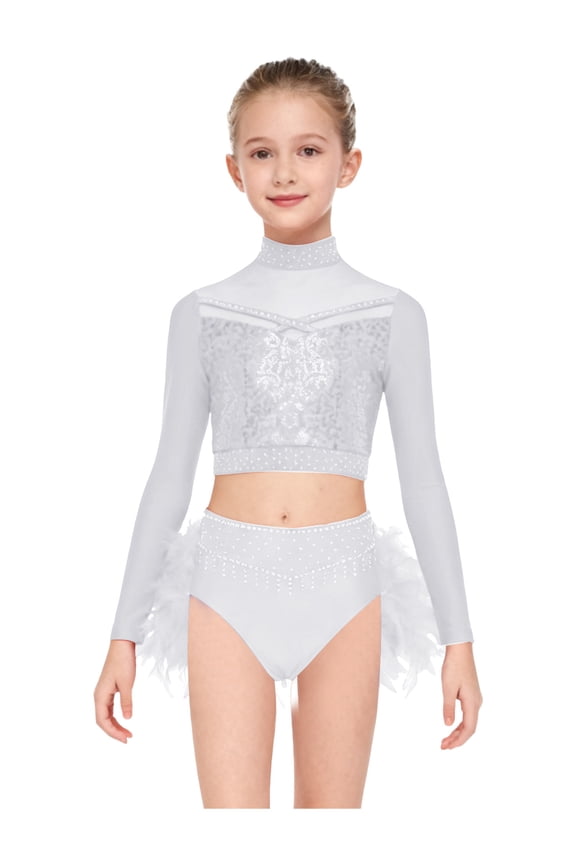 Kids Girls 2 Piece Jazz Dance Outfit Long Sleeve Rhinestones Sequin Crop Top with Feather Briefs Skirt Set White 6