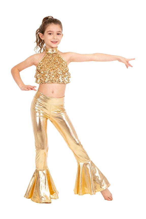 Kids Girls 2 Piece Jazz Hip Hop Dance Clothes Shiny Sequin Backless Crop Tops with Flared Pants Ballroom Outfits Gold 8