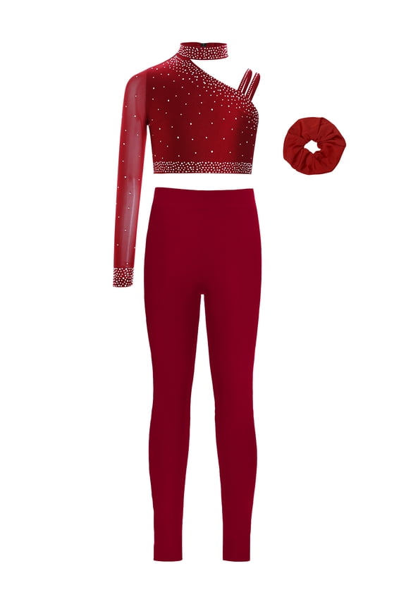 Kids Girls 2 Piece Lyrical Ballet Dance Gymnastics Outfits One Shoulder Crop Tops with Leggings Hairband Set Burgundy 8