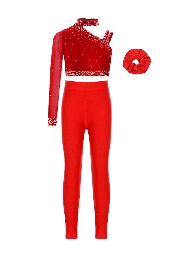Kids Girls 2 Piece Lyrical Ballet Dance Gymnastics Outfits One Shoulder Crop Tops with Leggings Hairband Set Red 6