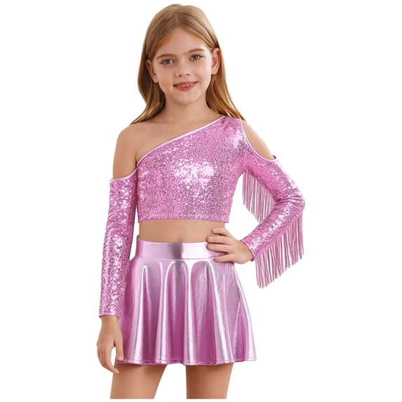 TSSOE Kids Girls 2 Piece Sequin Jazz Dance Outfit Long Sleeve Metallic Fringed Crop Top and Mini Pleated Skirts Set Pink 8