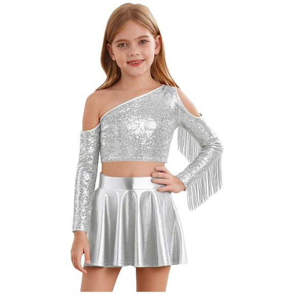 TSSOE Kids Girls 2 Piece Sequin Jazz Dance Outfit Long Sleeve Metallic Fringed Crop Top and Mini Pleated Skirts Set Silver 6