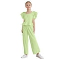 thumbnail image 1 of TSSOE Kids Girls 2 Piece Summer Casual Outfit Self-Tie Bowknot Peplum Tops Shirts with Wide Leg Pants Set Light Green 9-10, 1 of 7
