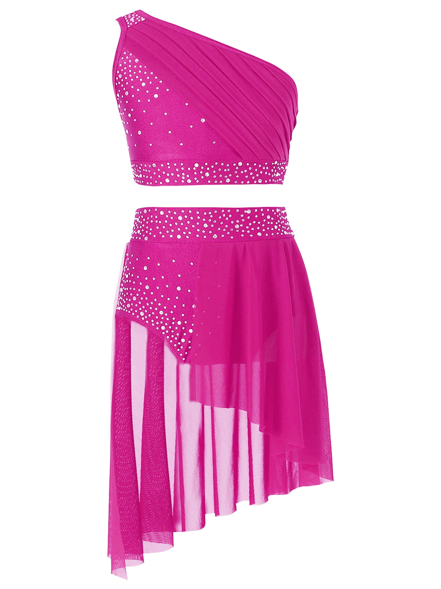 TSSOE Kids Girls 2 Pieces Lyrical Dance Dress Crop Top with Tutu Skirt Ballet Figure Skating Dress Hot Pink 14