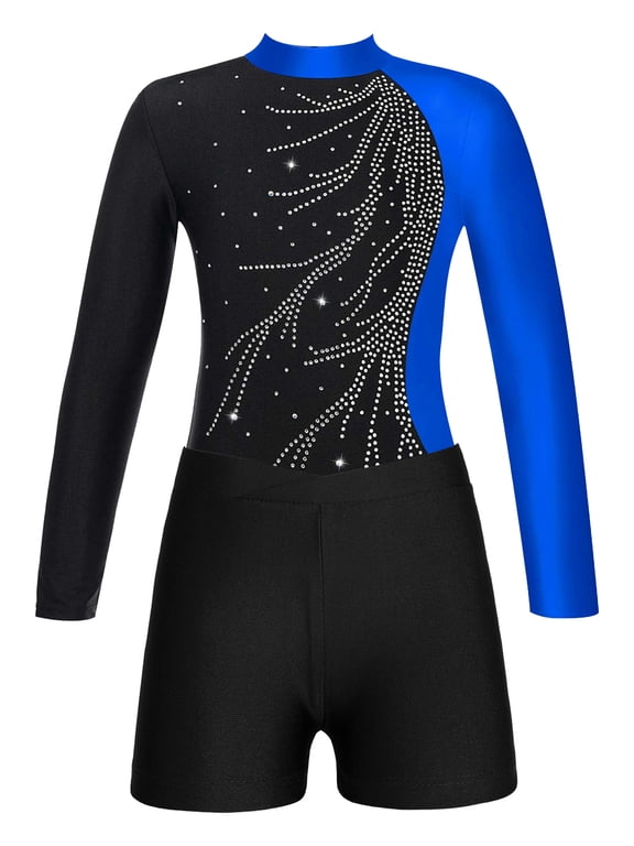 Kids Girls 2Pcs Ballet Dance Outfit Long Sleeve Gymnastic Tank Leotard and Shorts Set Workout Fitness Tracksuit Blue 8