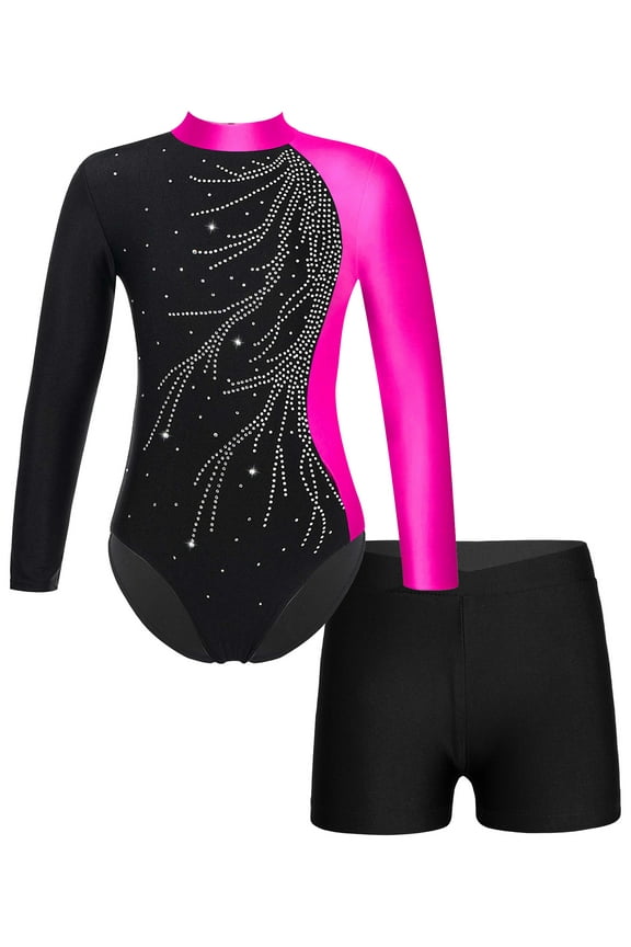 Kids Girls 2Pcs Ballet Dance Outfit Long Sleeve Gymnastic Tank Leotard and Shorts Set Workout Fitness Tracksuit Rose 6