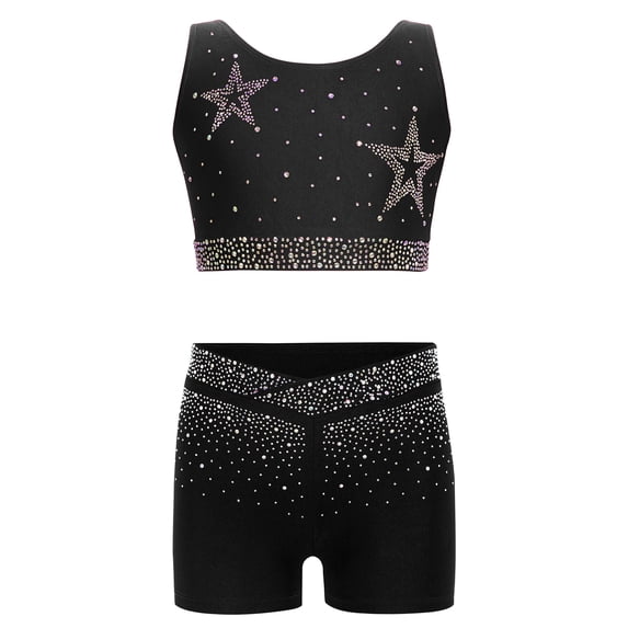 TSSOE Kids Girls 2Pcs Rhinestone Gymnastics Dance Outfits Strappy Back Crop Tops with Booty Shorts Set Black 10