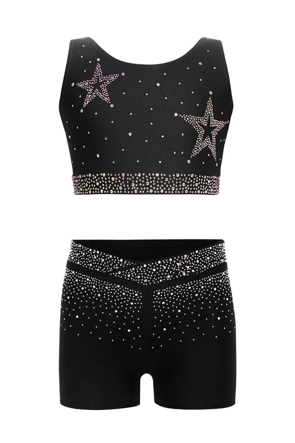 Kids Girls 2Pcs Rhinestone Gymnastics Dance Outfits Strappy Back Crop Tops with Booty Shorts Set Black 8