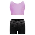 thumbnail image 1 of TSSOE Kids Girls 2Pcs Rhinestone Gymnastics Dance Outfits Strappy Back Crop Tops with Booty Shorts Set Light Purple+Black 10, 1 of 4