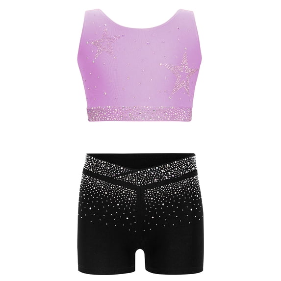TSSOE Kids Girls 2Pcs Rhinestone Gymnastics Dance Outfits Strappy Back Crop Tops with Booty Shorts Set Light Purple+Black 10