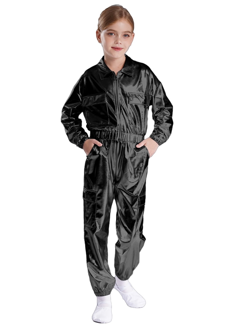 TSSOE Kids Girls 2Pcs Tracksuit Shiny Metallic Dance Outfits Hip