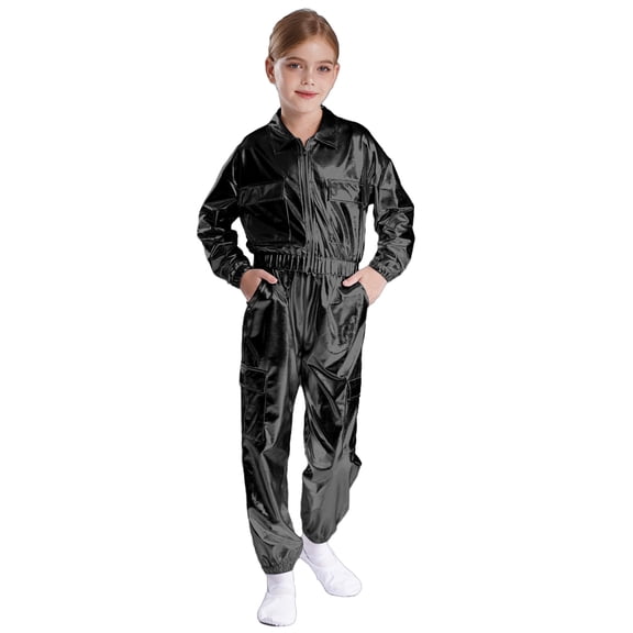 TSSOE Kids Girls 2Pcs Tracksuit Shiny Metallic Dance Outfits Hip Hop Street Dance Full Zip Jacket with Pants Set Black 6