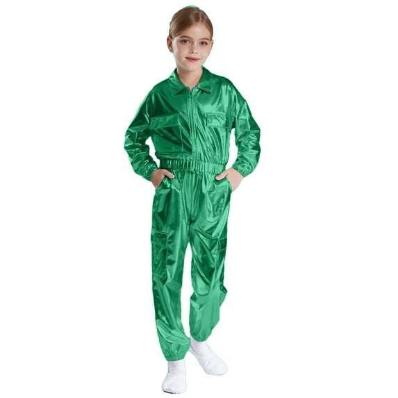 TSSOE Kids Girls 2Pcs Tracksuit Shiny Metallic Dance Outfits Hip Hop Street Dance Full Zip Jacket with Pants Set Green 16