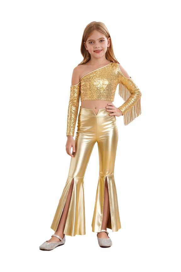 Kids Girls 2pcs Jazz Dance Performance Outfits Sequin Tassel Crop Top And Bell Bottom Pants Disco Dancing Set Gold 16
