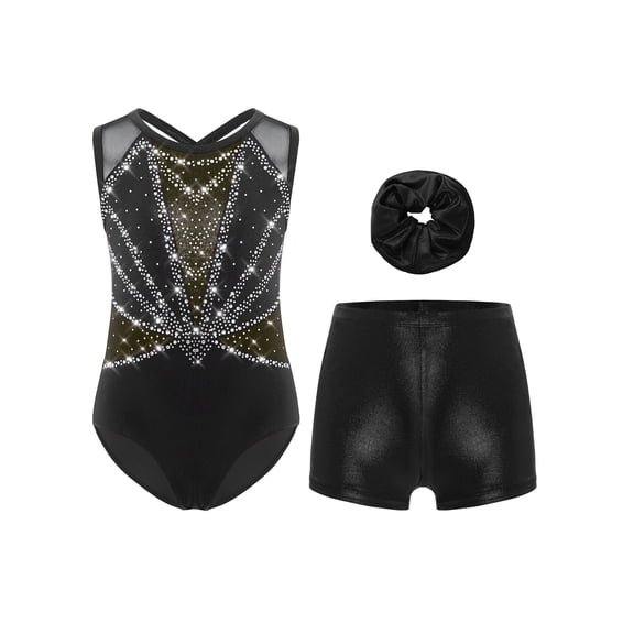 TSSOE Kids Girls 3-Piece Set Athletic Unitards Gymnastics Leotards Tumbling Clothes Ballet Dance Biketards Black&Gold 16