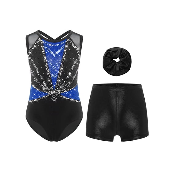 TSSOE Kids Girls 3-Piece Set Athletic Unitards Gymnastics Leotards Tumbling Clothes Ballet Dance Biketards Blue&Black 10