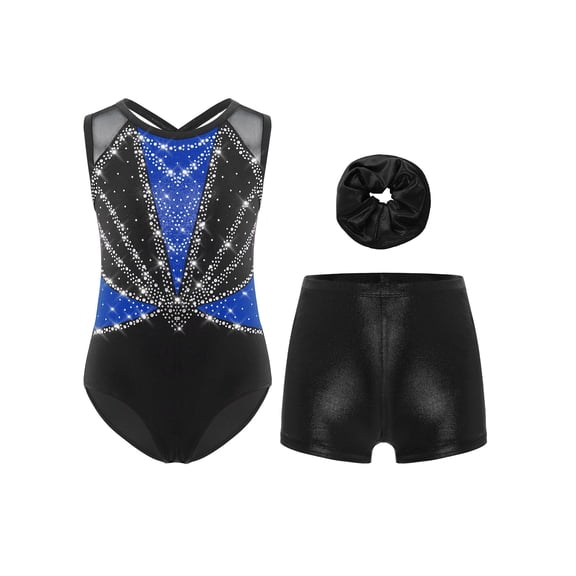 TSSOE Kids Girls 3-Piece Set Athletic Unitards Gymnastics Leotards Tumbling Clothes Ballet Dance Biketards Blue&Black 12