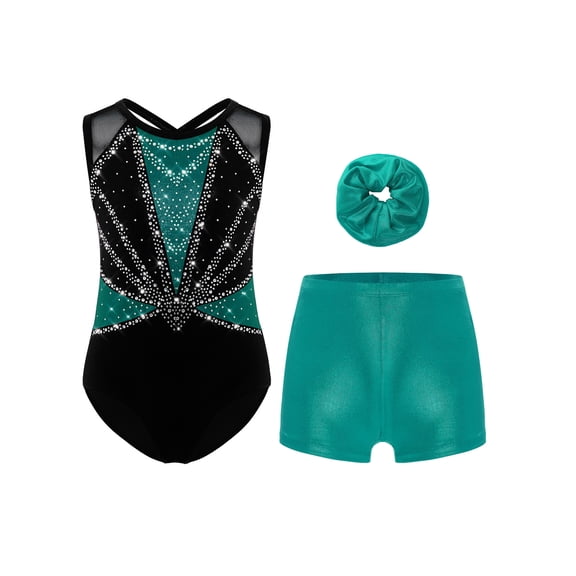 TSSOE Kids Girls 3-Piece Set Athletic Unitards Gymnastics Leotards Tumbling Clothes Ballet Dance Biketards Green 6