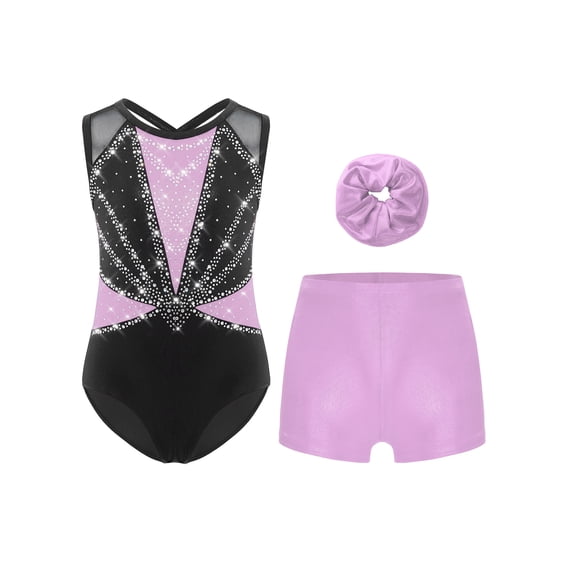TSSOE Kids Girls 3-Piece Set Athletic Unitards Gymnastics Leotards Tumbling Clothes Ballet Dance Biketards Light Purple 16