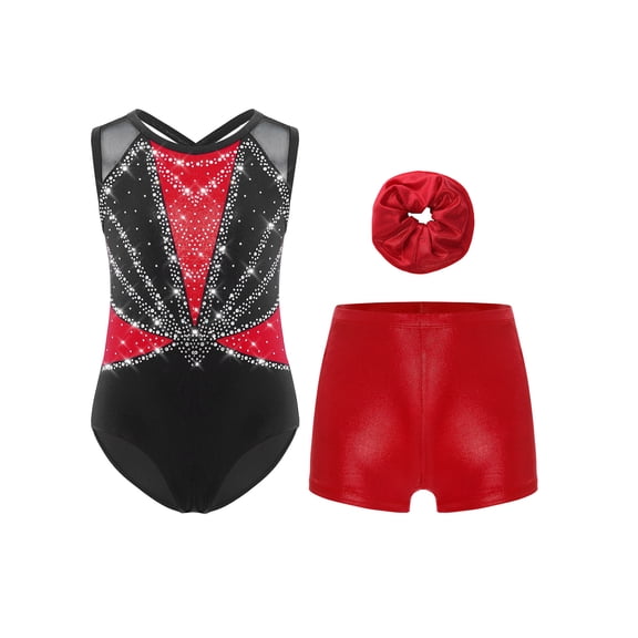 TSSOE Kids Girls 3-Piece Set Athletic Unitards Gymnastics Leotards Tumbling Clothes Ballet Dance Biketards Red 14