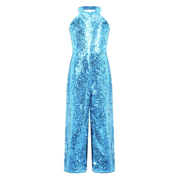 TSSOE Kids Girls Allover Sequins Halter Sleeveless Wide Leg Jumpsuit High Waist Open Back Long Romper Sky Blue 8