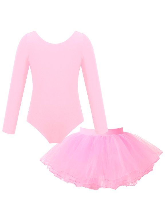 Kids Girls Ballet Dance Gymnastics Leotard Bodysuit with Mesh Tutu Skirts Set Dancing Costume Pink 3