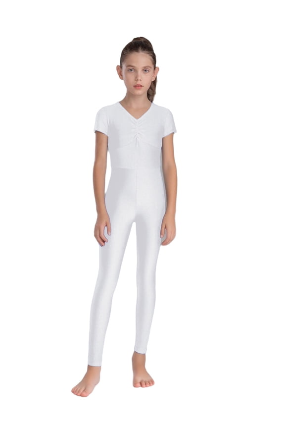 Kids Girls Ballet Dance Leotards Short Sleeve V Neck Back Zip Gymnastics Figure Skating Unitards for Performance White 6