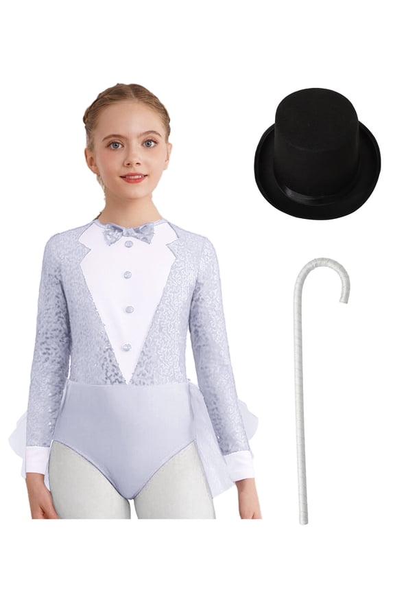 Kids Girls Ballet Jazz Dance Outfit Gymnastic Skirted Leotard Sequins Magician Festival Party Clothes Set White 6