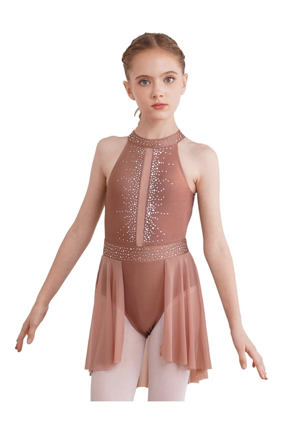 Kids Girls Ballet Lyrical Dance Dress Figure Ice Skating Dress Ballroom Dancewear Coffee 16