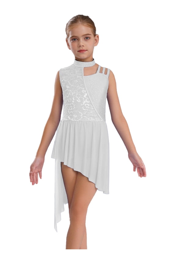 Kids Girls Ballet Lyrical Dance Performance Dress Gymnastics Irregular Hem Skirted Artistic Skirted Leotard White 6