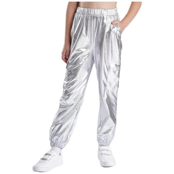 TSSOE Kids Girls Boys Hip Hop Street Dance Pant Sparkle Jazz Stage Performance Costumes Cargo Pants Silver 14