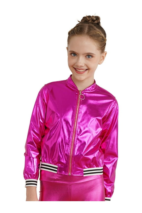Kids Girls Boys Metallic Bomber Moto Jacket Coat Hip Hop Jazz Dance Top Disco Costume Dancewear Rose 8