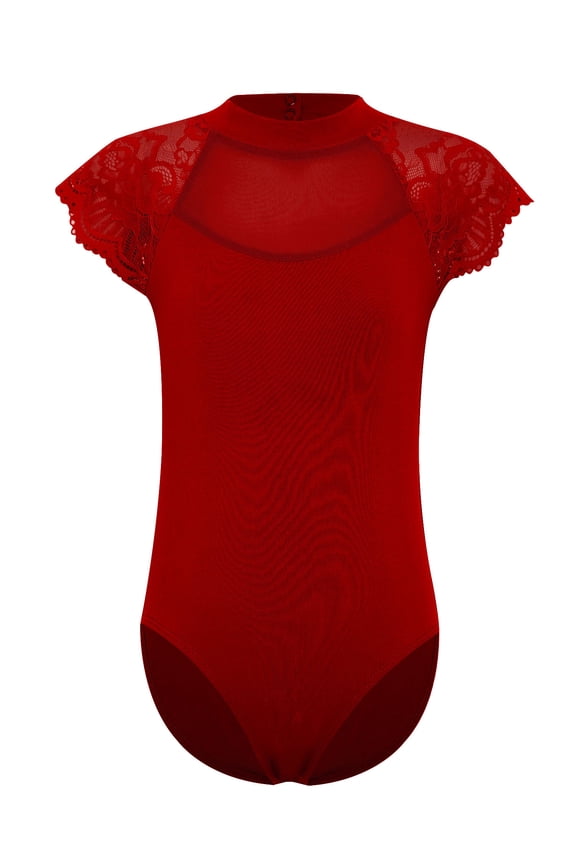 Kids Girls Cap Sleeve Floral Lace Splice Ballet Dance Leotard Gymnastics Bodysuit Jumpsuit Biketard Dancewear Burgundy 2-3