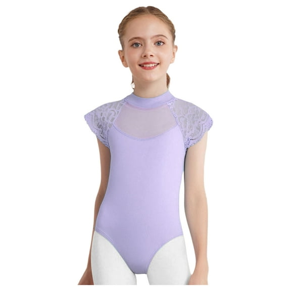 TSSOE Kids Girls Cap Sleeve Floral Lace Splice Ballet Dance Leotard Gymnastics Bodysuit Jumpsuit Biketard Dancewear Light Purple 11-12