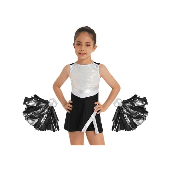 TSSOE Kids Girls Cheer Leader Costume Sleeveless Uniform Dress with Shorts Pom Poms Child Cheerleadering Dress Up Black 10