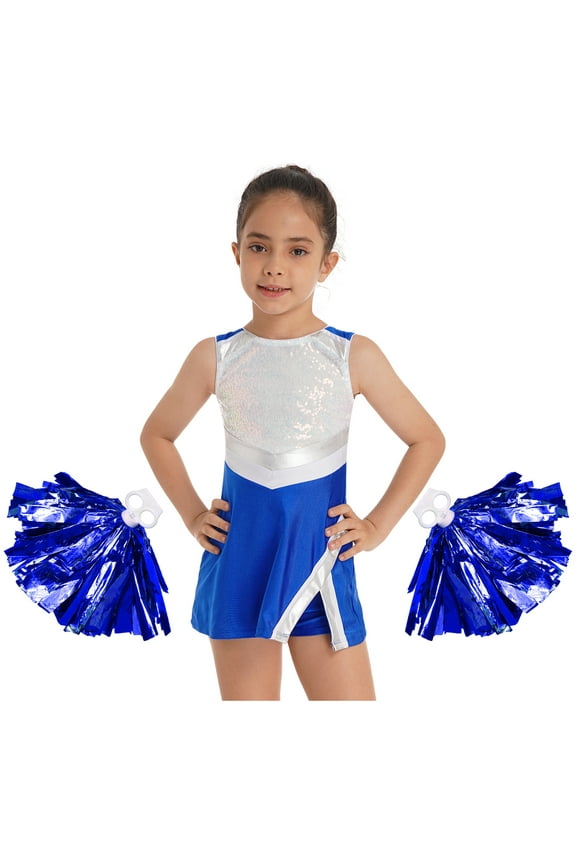 Kids Girls Cheer Leader Costume Sleeveless Uniform Dress with Shorts Pom Poms Child Cheerleadering Dress Up Royal Blue 14