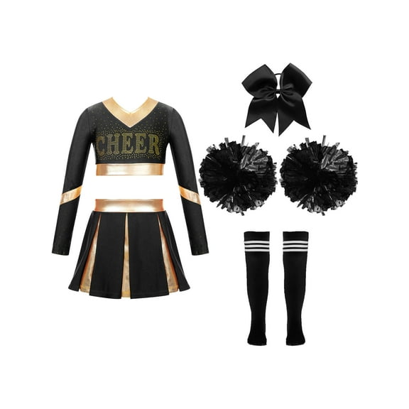 TSSOE Kids Girls Cheer Leader Team Uniform Long Sleeve Crop Top Skirt with Pom Poms Stocking Hair Tie Costume A Black 8