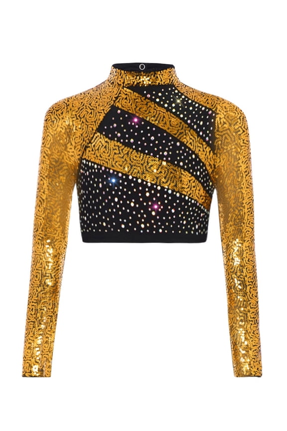 Kids Girls Cheerleading Dance Crop Tops Shiny Rhinestone Color Block Long Sleeve Mock Neck Gymnastic Shirts Gold 14