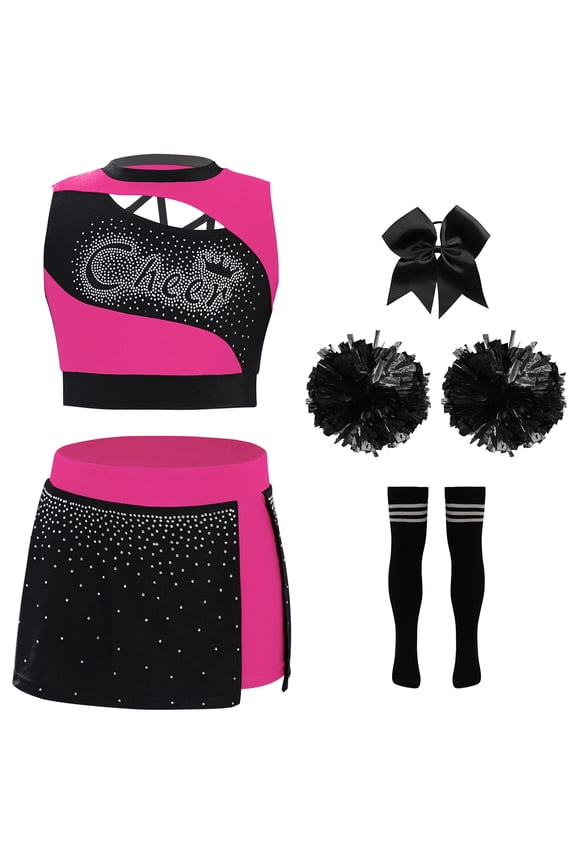 Kids Girls Cheerleading Outfit Cheer Uniform Sleeveless Rhinestones Crop Top and Skirt with Pom Poms Hot Pink 12
