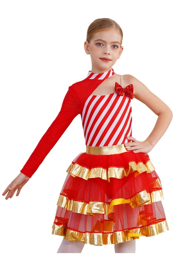 Kids Girls Christmas Candy Cane Dress Figure Skating Dance Stripe Ballet Tutu Leotard Xmas Party Outfits Red 10